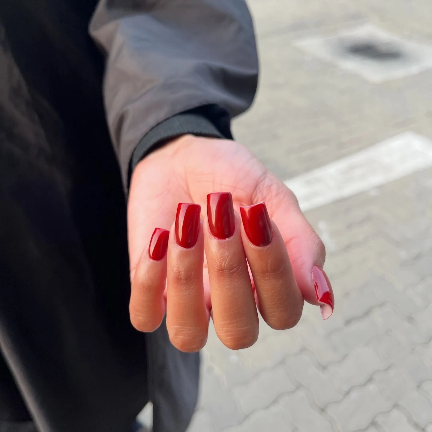 Gel nails with deep red colour by Blanche Beauty, Willow Park Manor