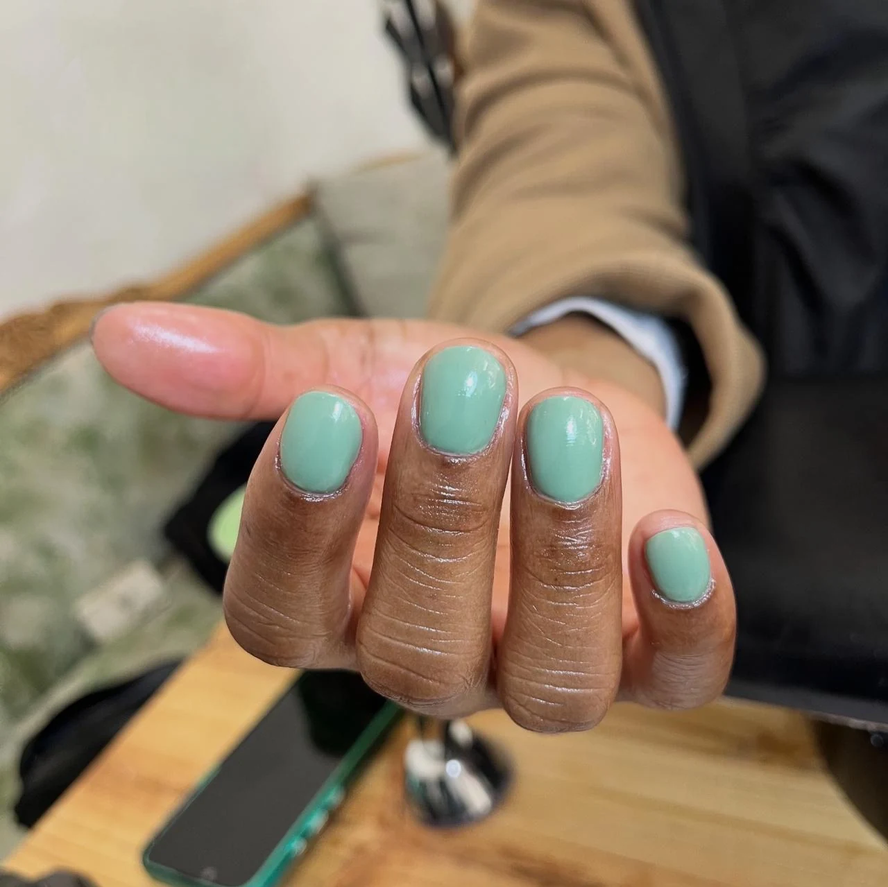 Gel nails with sage green colour by Blanche Beauty, Willow Park Manor